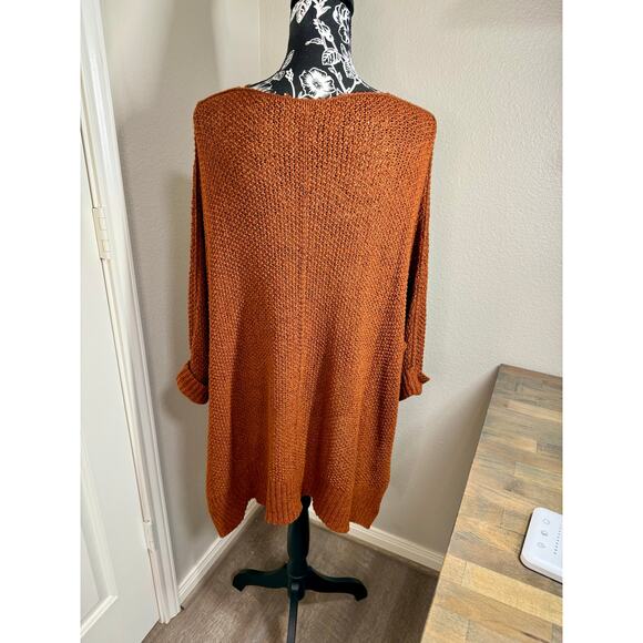 She + Sky Open Knit Oversized V Neck Sweater Rust One Size - Picture 4 of 7